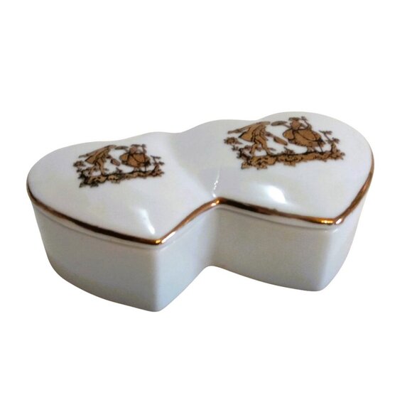Vintage 1950's Porcelain-Double Heart Shaped-Gold Trim-Lady Angela Trinket Box - Picture 3 of 12